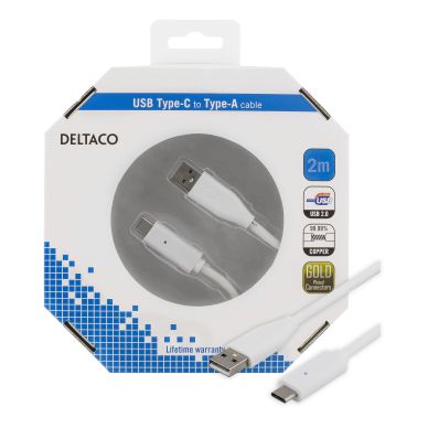 DELTACO alt DELTACO USB-Kabel 2.0, USB-C - USB-A, 2 meter, vit